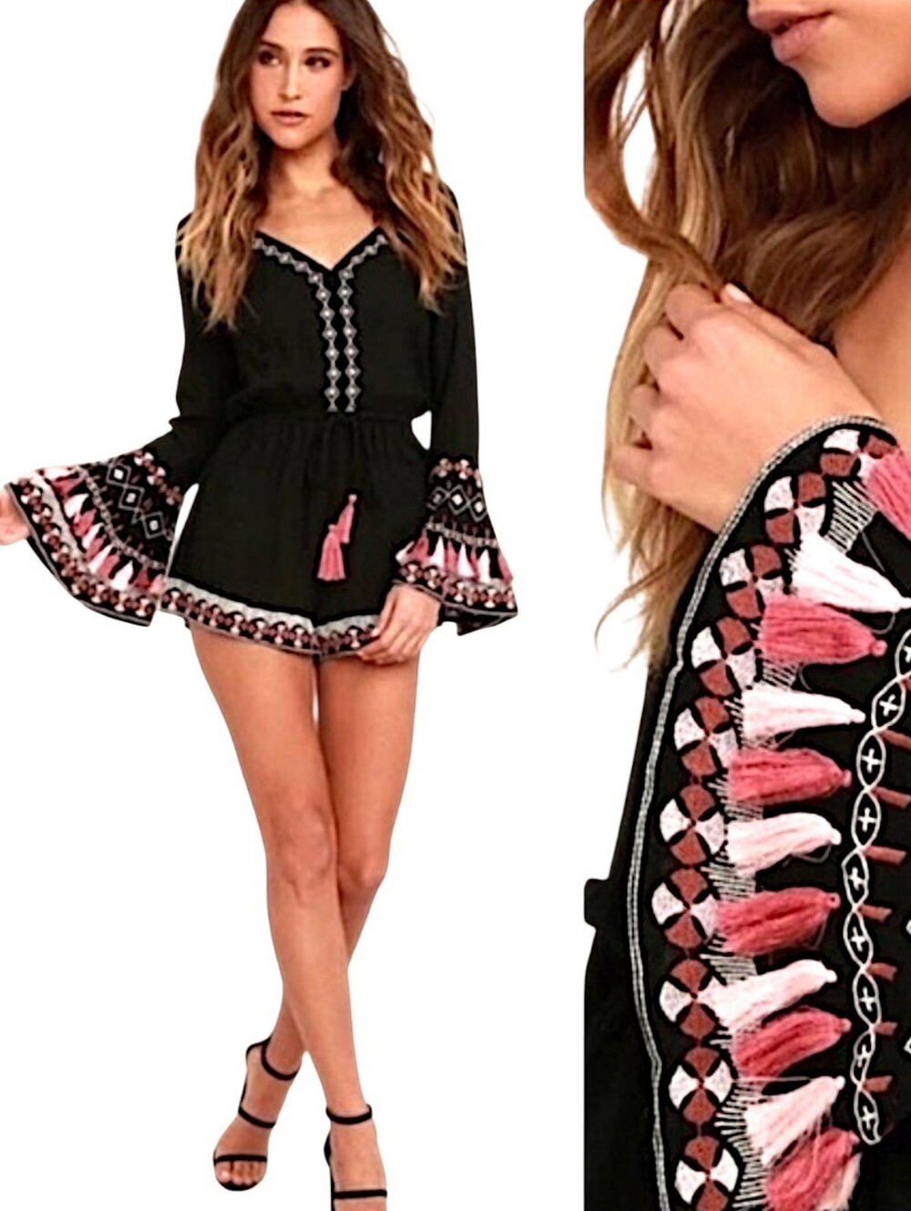 LULUS Hiatus Black/Pink/White Embroidered Romper Long Slvs Tassel Trim Sz XS NWT